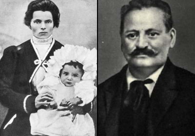 il piccolo Mussolini con la madre e, a destra, il padre