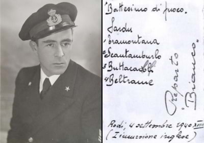 a sinistra <b>Giovanni Sardu</b> in divisa da Maresciallo di Marina, a destra retro di<br>una fotografia
