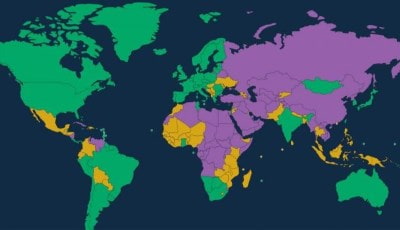 il mondo di Freedom House: verde (libero), giallo (parzialmente libero), viola (non libero)