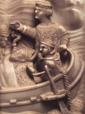 raffigurazione di Liutprando (690-744), giovane re dei Longobardi, che ordina ai suoi guerrieri di prendere il mare verso la Sardegna per riscattare dai Saraceni le spoglie di Sant'Agostino