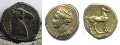 una moneta punica con busto di cavallo e una con la dea Tanit, la Demetra greca, con sul retro un equino