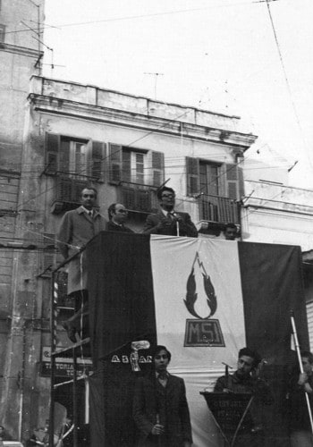 Cagliari, Piazza Yenne, febbraio 1970, manifestazione del Msi, da sinistra <b>Alfredo Pazzaglia</b>, <b>Salvatore Delunas</b>, segretario provinciale del Msi, e l'allora dirigente nazionale del Fuan <b>Angelo Abis</b>