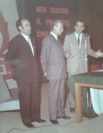 l'On. <b>Alfredo Pazzaglia</b>, a destra, con l'On. <b>Giorgio Almirante</b> e <b>Salvatore Delunas</b> nei primi anni '60
