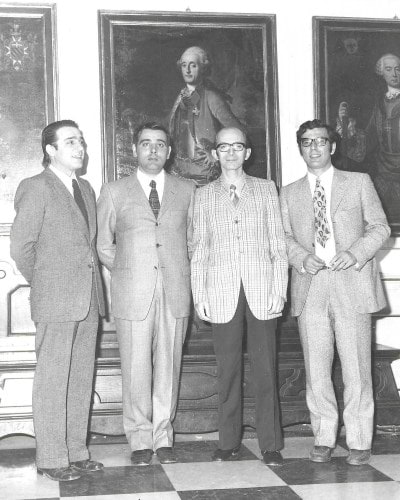 Cagliari 1970, <b>Manfredi Serra</b>, segretario provinciale della Cisnal, <b>Pippo Lubelli</b>, dirigente della Cisl, <b>Silvio Lippi Serra</b> e <b>Angelo Abis</b>, dirigenti della Cisnal