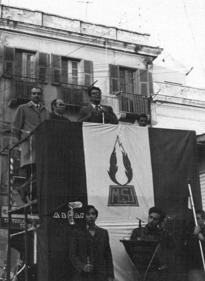 Cagliari, febbraio 1970: comizio del Msi, da destra <b>Angelo Abis</b>, il Segretario Provinciale <b>Salvatore Delunas</b> e l'On. <b>Alfredo Pazzaglia</b>