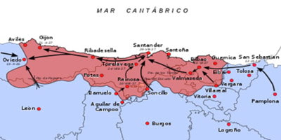 la zona in rosso è la regione dalla quale partì l'offensiva di Franco per la conquista delle regioni industriali del nord nel luglio 1937