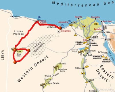 una cartina egiziana con in rosso l'attuale percorso tra El Alamein e Siwa